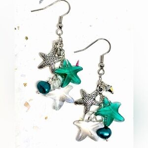 Teal Clear Crystal Textured Silver Tone Multi Starfish FW Pearl Dangle Earrings